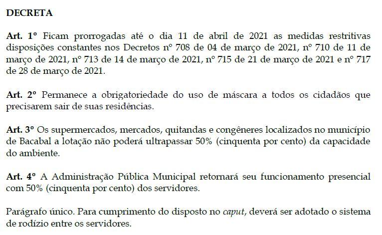 Decreto prorroga medidas restritivas em Bacabal até 11 de abril