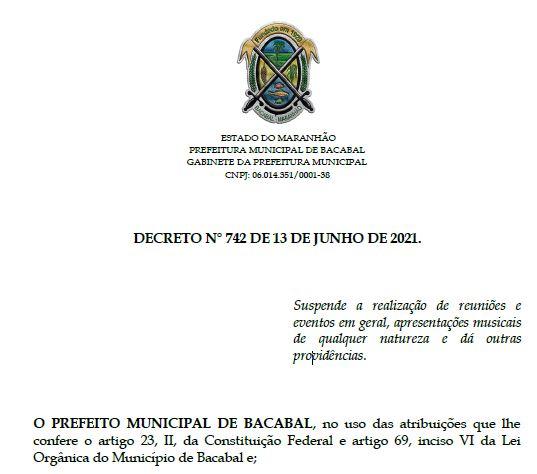 Decreto proíbe a realização de eventos em Bacabal 