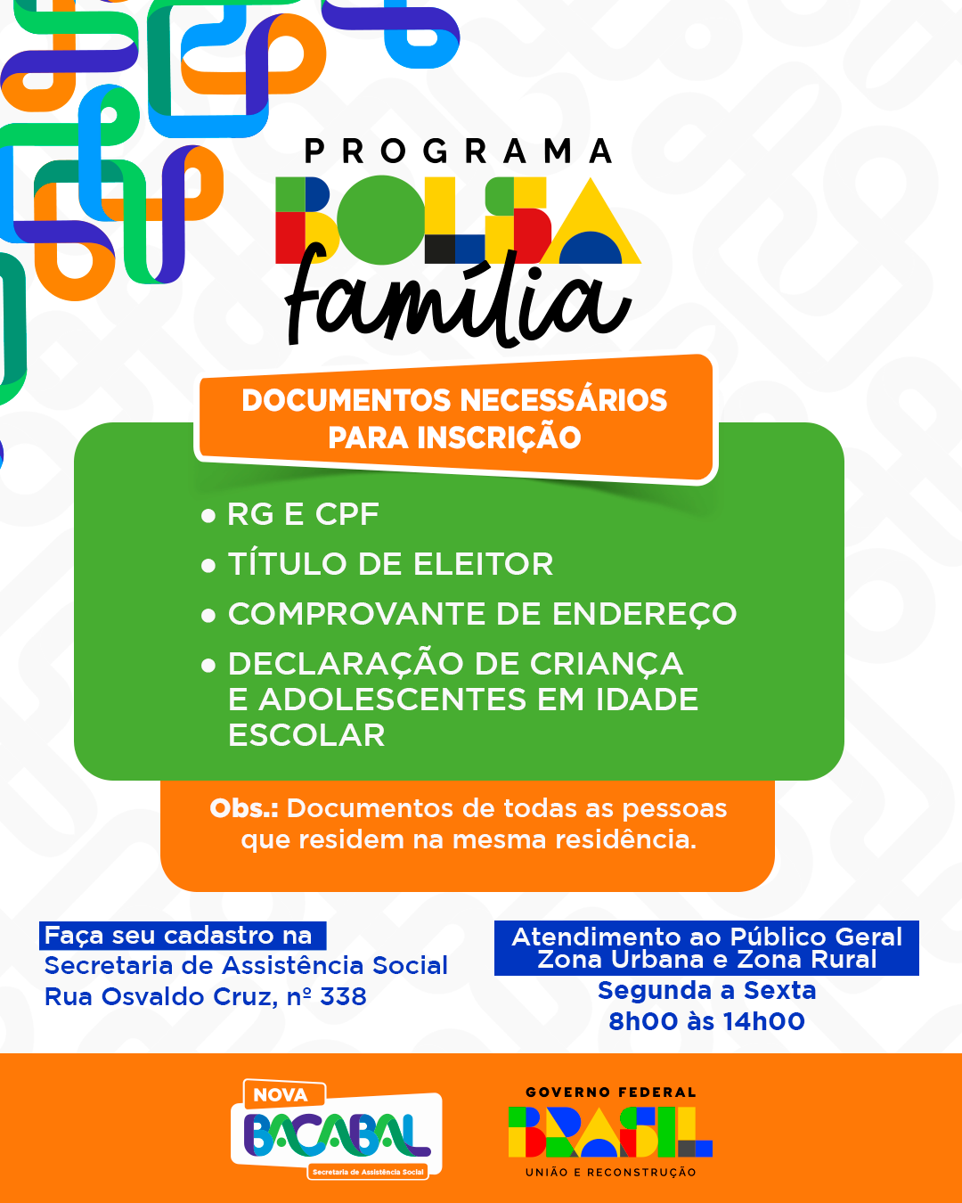 Prefeitura de Bacabal informa: Inscrições abertas para o Bolsa Família