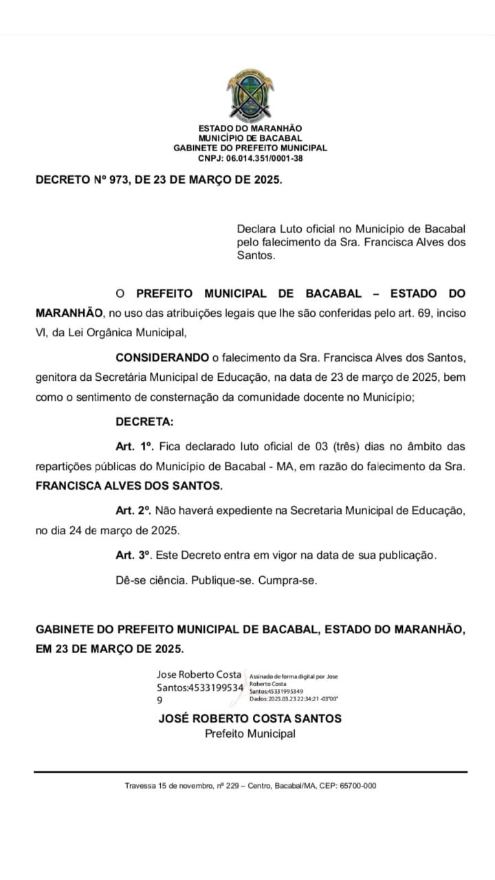 Prefeito Roberto Costa decreta luto oficial e aulas são suspensas nesta segunda-feira (24) em razão da morte da mãe da secretária de Educação de Bacabal